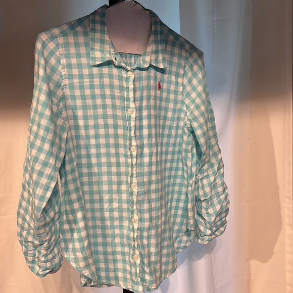 COPY - Polo Size 14 Aqua/white Gingham Button Up Shirt - Picture 2 of 6